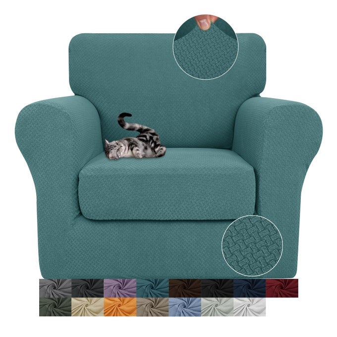 2 PIECES ARMCHAIR COVERS FOR LIVING ROOM STRETCH CHAIR SLIPCOVERS WITH 1 SEAT CUSHION COVERS THICK FITTED COUCH COVER FOR PET DOGS FURNITURE PROTECTOR CHAIR PEACOCK BLUE