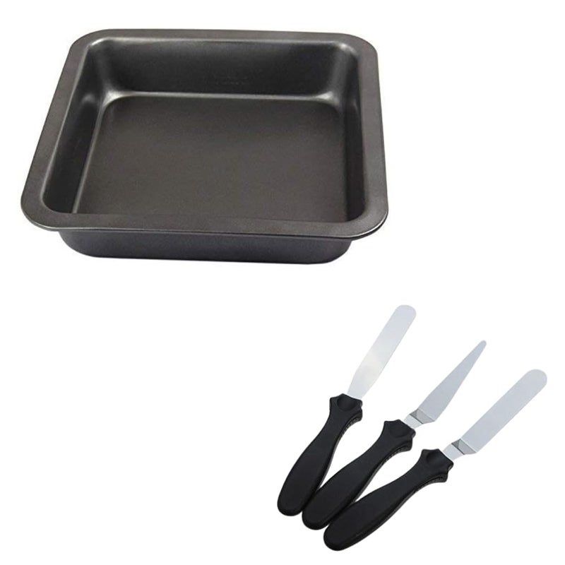 Maghya Carbon Steel Square Cake Mould with 3 Piece Palette Knife Set | Non-Stick Baking Pan & Spatula Set for Cake Decorating Combo (Square Mould & Palette Knife(3 Set)) - Image 1