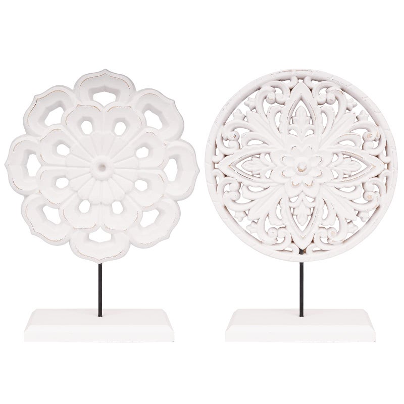 AXEARTE 2 Pack Wooden Carved Cutout Flower Medallion Sculpture, Rustic Distressed White MDF Statues Home Tabletop Decor, Decorative Ornaments for Living Room, Bedroom, Office Desktop, Cabinets - Image 1
