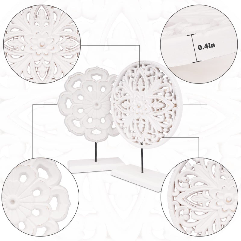 AXEARTE 2 Pack Wooden Carved Cutout Flower Medallion Sculpture, Rustic Distressed White MDF Statues Home Tabletop Decor, Decorative Ornaments for Living Room, Bedroom, Office Desktop, Cabinets - Image 3