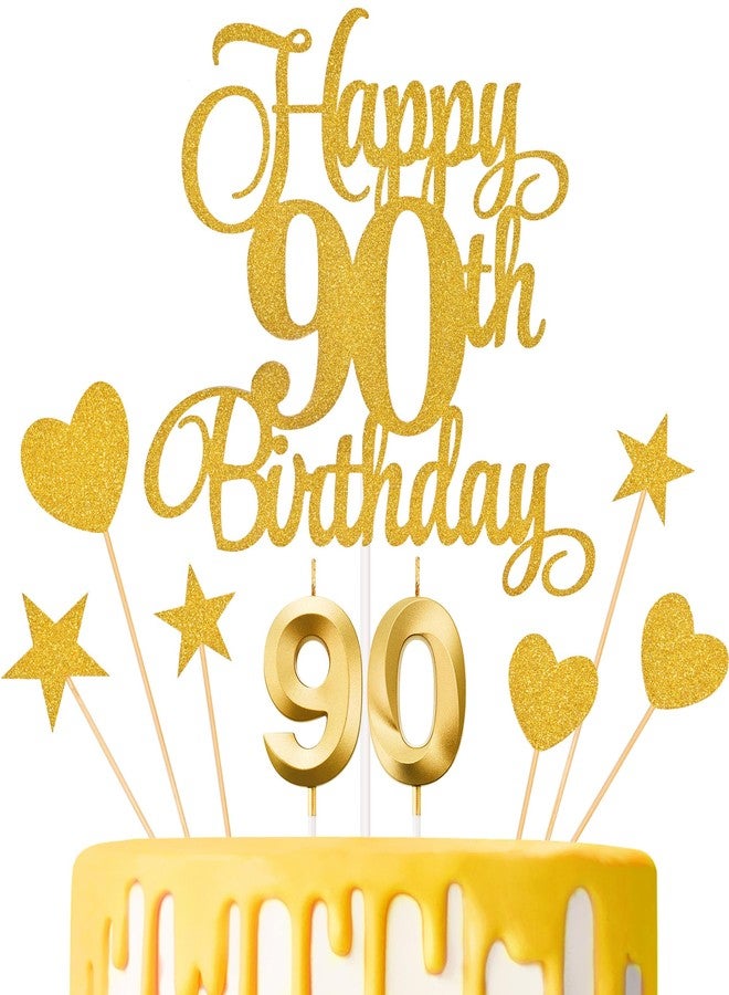 Lecferrarc 90th Birthday Cake Toppers, 90th Birthday Candles Numeral Candles and Glitter Cake Decorations Toppers Set for Party Supplies (Gold) - Image 1