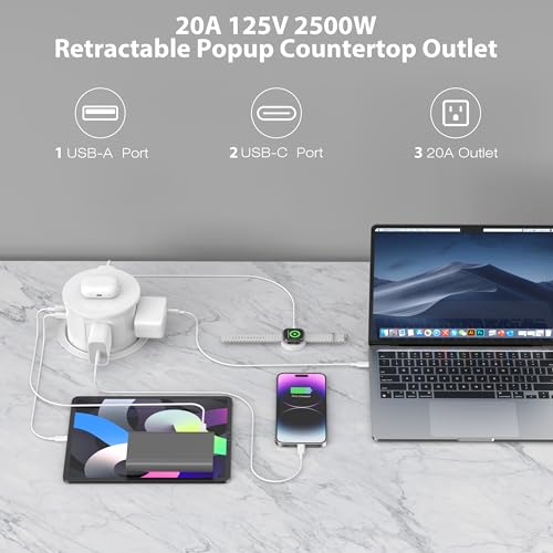 ANNQUAN 20 Amp Pop Up Countertop Outlet with 15W Wireless Charger,Max 65W Power Delivery,4.75" Pop Up Electrical Outlet with 3 Outlets 3 USB Ports for Home Office - Image 3