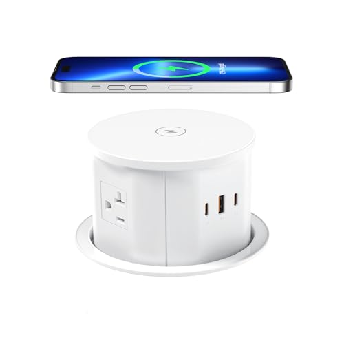ANNQUAN 20 Amp Pop Up Countertop Outlet with 15W Wireless Charger,Max 65W Power Delivery,4.75" Pop Up Electrical Outlet with 3 Outlets 3 USB Ports for Home Office - Image 1