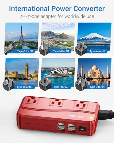 BESTEK International Power Adapter 250W, 220V to 110V Step Down Travel Voltage Converter with 4-Port USB Including US/AU/EU/UK//India/South Africa Plug Adapter (Red) - Image 2