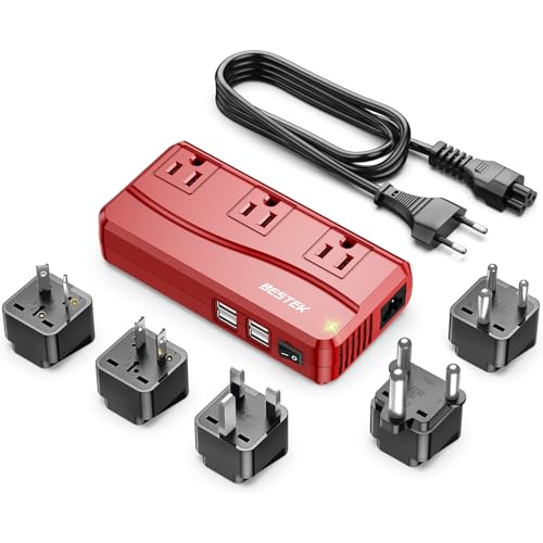 BESTEK International Power Adapter 250W, 220V to 110V Step Down Travel Voltage Converter with 4-Port USB Including US/AU/EU/UK//India/South Africa Plug Adapter (Red) - Image 1