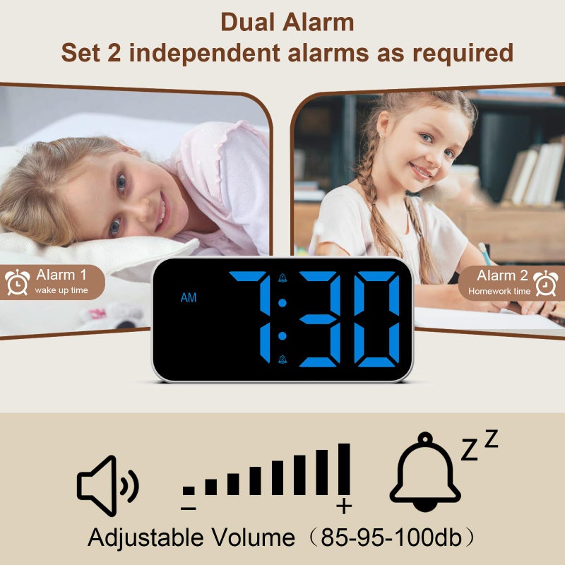 Topski Loud Alarm Clocks for Bedrooms Heavy Sleepers, Digital Bedside Clock with Night Light, Large Display, Dual Alarm, Snooze, Dimmable for Kids Teens Boys Girls - Image 5