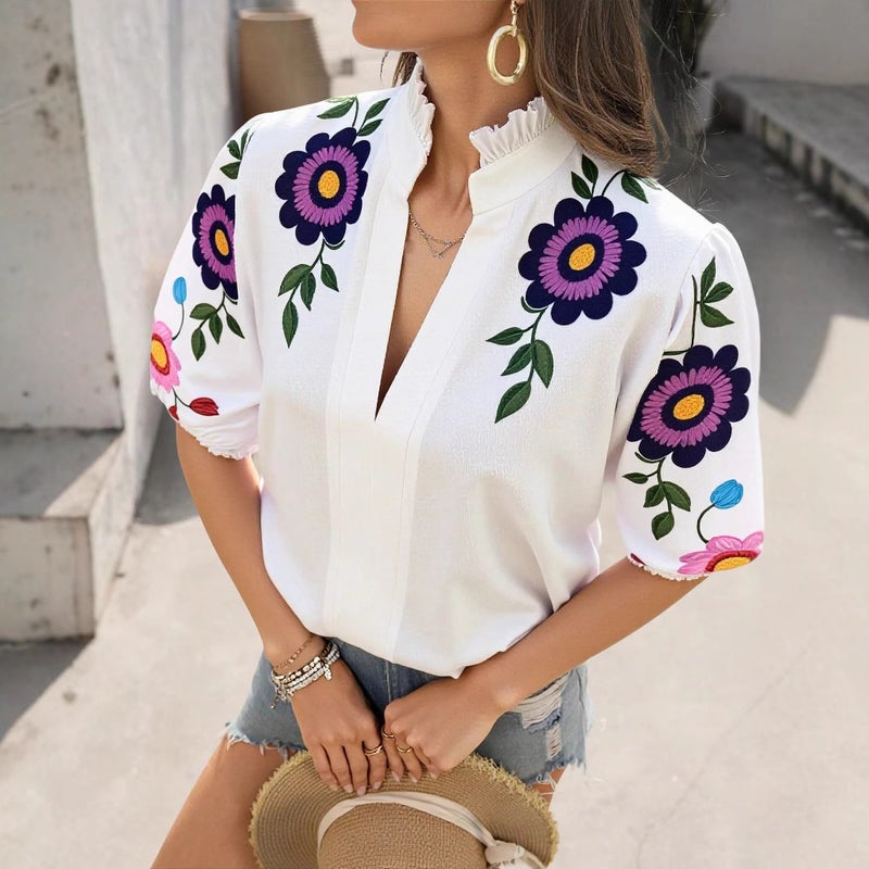 ''s Hottest Export 2025 and New Fashion Pure Cotton V Neck Sleeves New Printed T-Shirt Tops for Women - Image 3