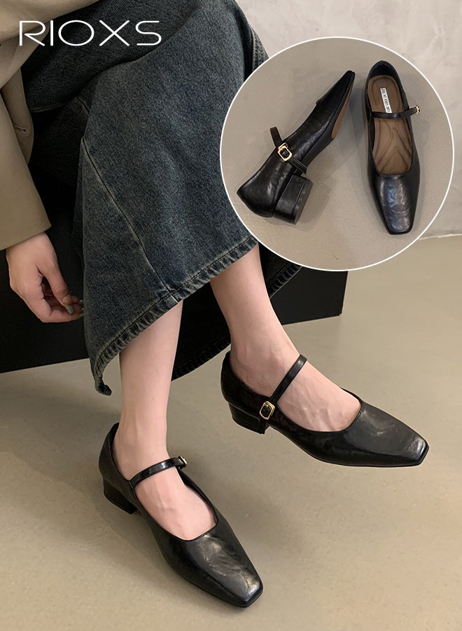 RIOXS Women's Mary Jane Heels,  Square Closed Toes Pump Shoes with Buckle Strap, Classic Anti-slip Chunky Low Heel Mary Jane Shoes for Ladies, Cmofy Lightweight Ladies Ballet Shoes Wedding Dress Shoes for Work, Shopping, Dating, Prom and Daily Wear, Black - Image 2