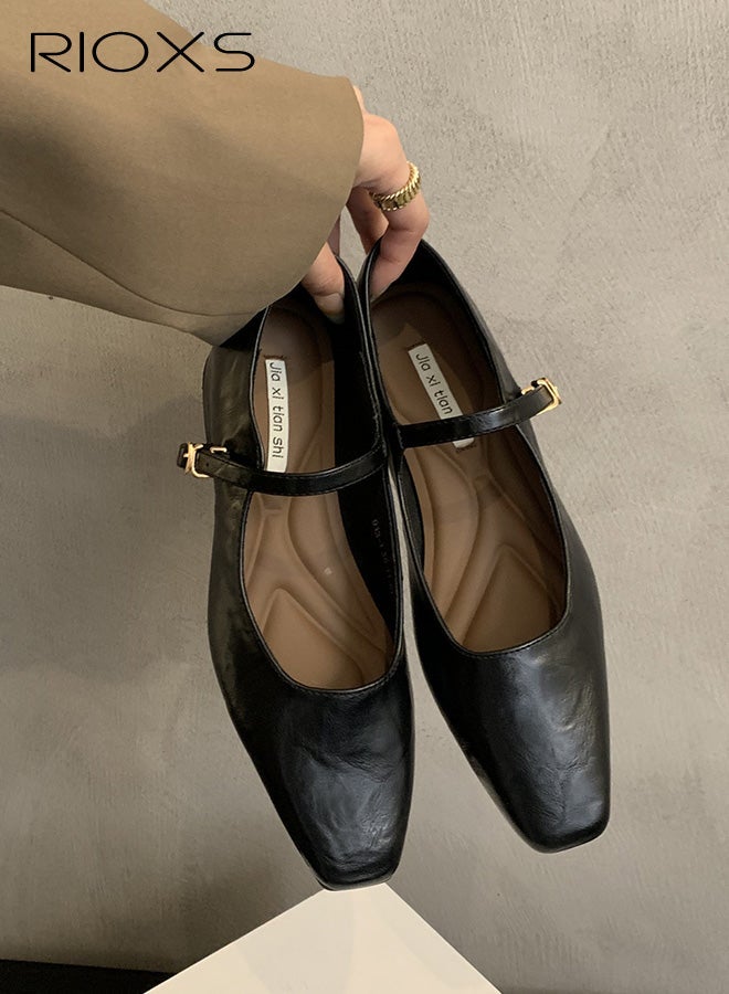 RIOXS Women's Mary Jane Heels,  Square Closed Toes Pump Shoes with Buckle Strap, Classic Anti-slip Chunky Low Heel Mary Jane Shoes for Ladies, Cmofy Lightweight Ladies Ballet Shoes Wedding Dress Shoes for Work, Shopping, Dating, Prom and Daily Wear, Black - Image 2