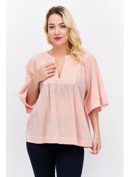 ESPRIT Women Split Neck Short Sleeve Textured Blouse, Light Pink  - Image 1