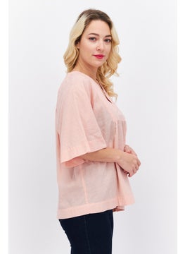 ESPRIT Women Split Neck Short Sleeve Textured Blouse, Light Pink  - Image 4