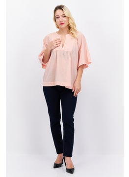 ESPRIT Women Split Neck Short Sleeve Textured Blouse, Light Pink  - Image 2
