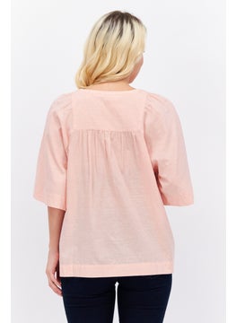 ESPRIT Women Split Neck Short Sleeve Textured Blouse, Light Pink  - Image 3