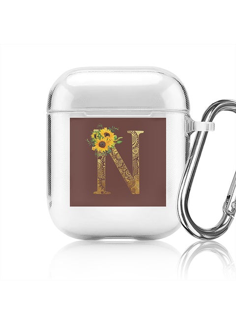 Classic Clear printed Case for Apple Airpods 2 / 1 Soft TPU Gel Thin Transparent Flexible Cover - Custom Monogram Initial Letter Mandala Floral Pattern Alphabet - N (Brown )