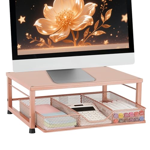 Gugsey Small Laptop Stand for Desk Monitor Stand Riser Office Desk Accessories Computer Desktop Stand with Drawer for Home Office School Bronze - Image 1