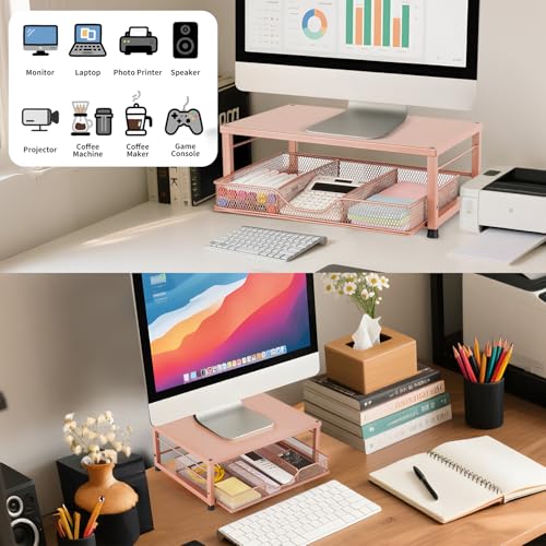Gugsey Small Laptop Stand for Desk Monitor Stand Riser Office Desk Accessories Computer Desktop Stand with Drawer for Home Office School Bronze - Image 3