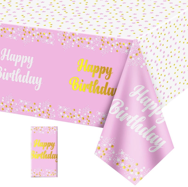 AMFIN 54 x 72 Inch Happy Birthday Printed Metallic Foil Disposable Table Cover, Tablecloth for Party, Birthday Decoration. Waterproof, Shiny Finish - Pink [Pack of 1] - Image 1