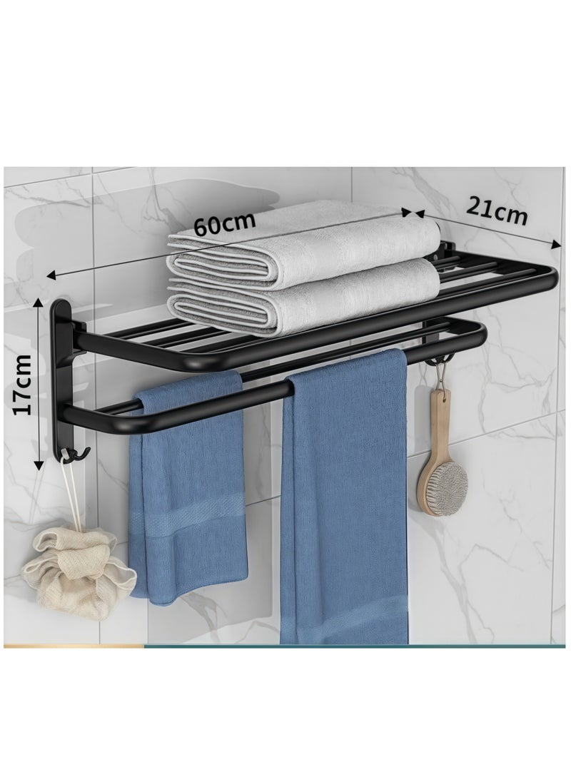 Beautiful 60 CM Bathroom Towel Rack Organlzer Non Perforated Storage Rack Wall Mounted Foldable Towel Shelf with Towel Bar Storage Rack Brushed Holder for Folding Large Towels Hotel Towel Rack Wall Mounted with Hooks (Black)  - Image 2