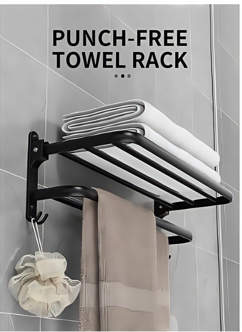 Beautiful 60 CM Bathroom Towel Rack Organlzer Non Perforated Storage Rack Wall Mounted Foldable Towel Shelf with Towel Bar Storage Rack Brushed Holder for Folding Large Towels Hotel Towel Rack Wall Mounted with Hooks (Black)  - Image 1