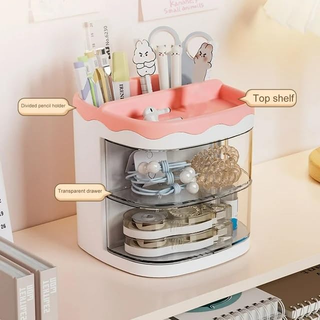 HOME CUBE Plastic Desk Organizer With Drawer Desktop Office Stationery Storage Box Desk Accessories Table Organiser Study Table Office Table Pen Stand- 2035 (Yellow) - Image 2