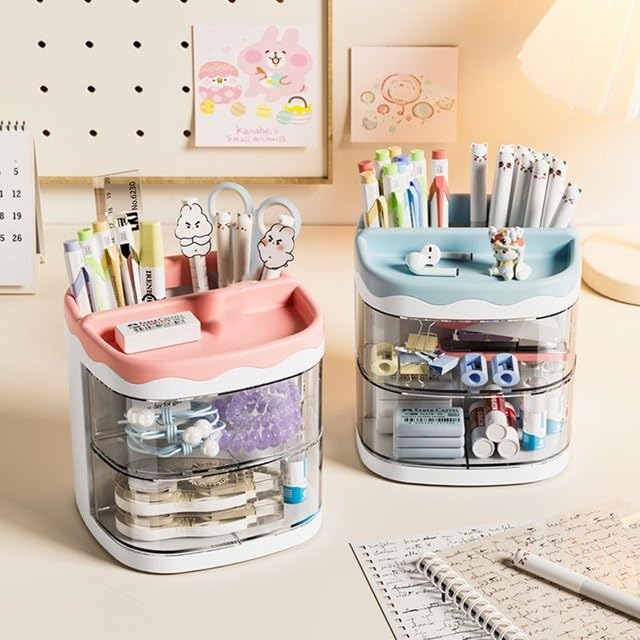 HOME CUBE Plastic Desk Organizer With Drawer Desktop Office Stationery Storage Box Desk Accessories Table Organiser Study Table Office Table Pen Stand- 2035 (Yellow) - Image 4