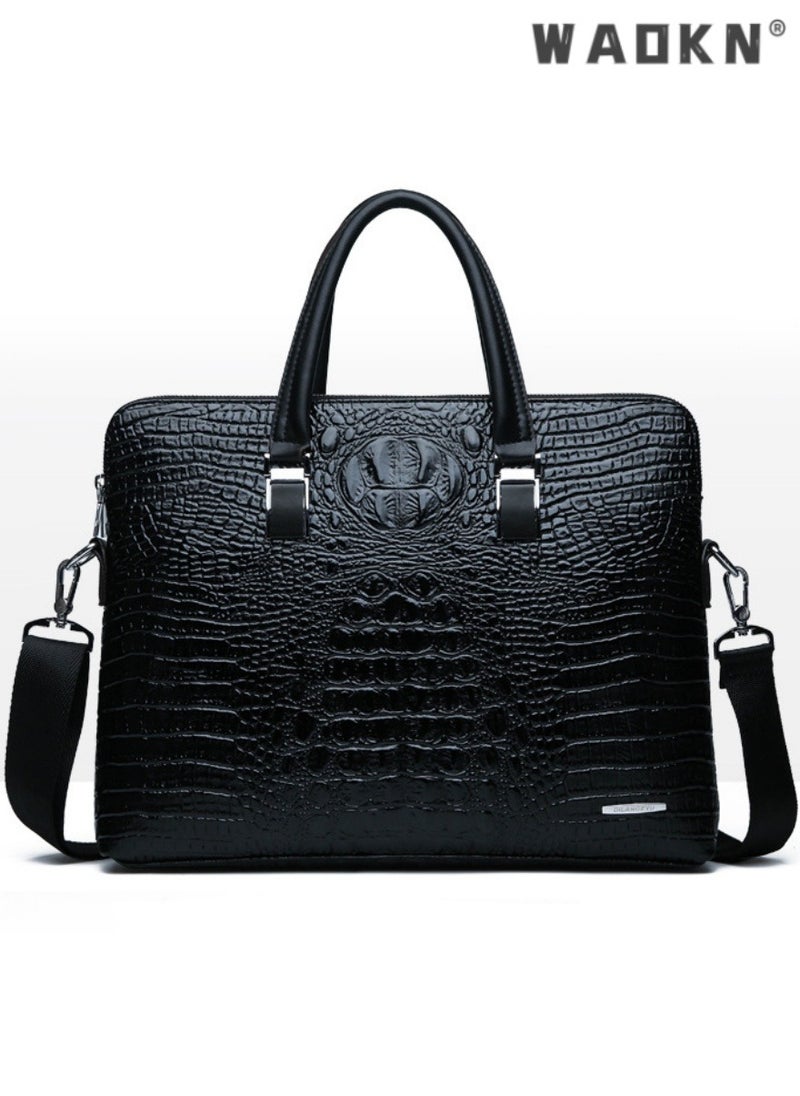 WAOKN Men's Fashion New Crocodile Pattern Handbag, Business Briefcase, Office Bag, Shoulder bag,Laptop Bag,Multi-pocket Computer Bag,Crossbody Bag, Messenger Bag for Leisure Commute Fathers Day Gifts(Black）  - Image 1