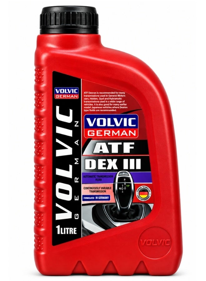 فولفيك سائل ناقل حركة أوتوماتيكي VOLVIC GERMAN ATF DEX III سعة 1 لتر، زيت فتيس أوتوماتيك Dexron III للمركبات ونواقل الحركة المتوافقة، مصمم للمساعدة على تشحيم وحماية مكونات ناقل الحركة ودعم سلاسة تبديل السرعات والأداء المنتظم، مناسب للعديد من تطبيقات GM وهولدن وأوبل وبعض السيارات اليابانية الأقدم التي تتطلب سوائل Dexron، تركيبة مطورة في ألمانيا - Image 1
