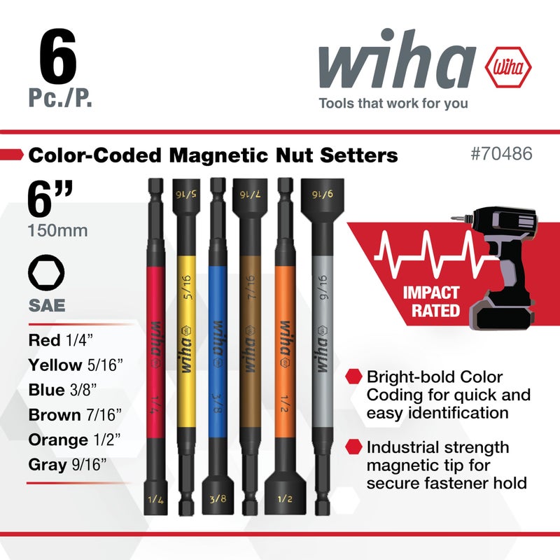 Wiha 70486 Color Coded Magnetic Nut Setter SAE 6 Pc. Set - Image 3