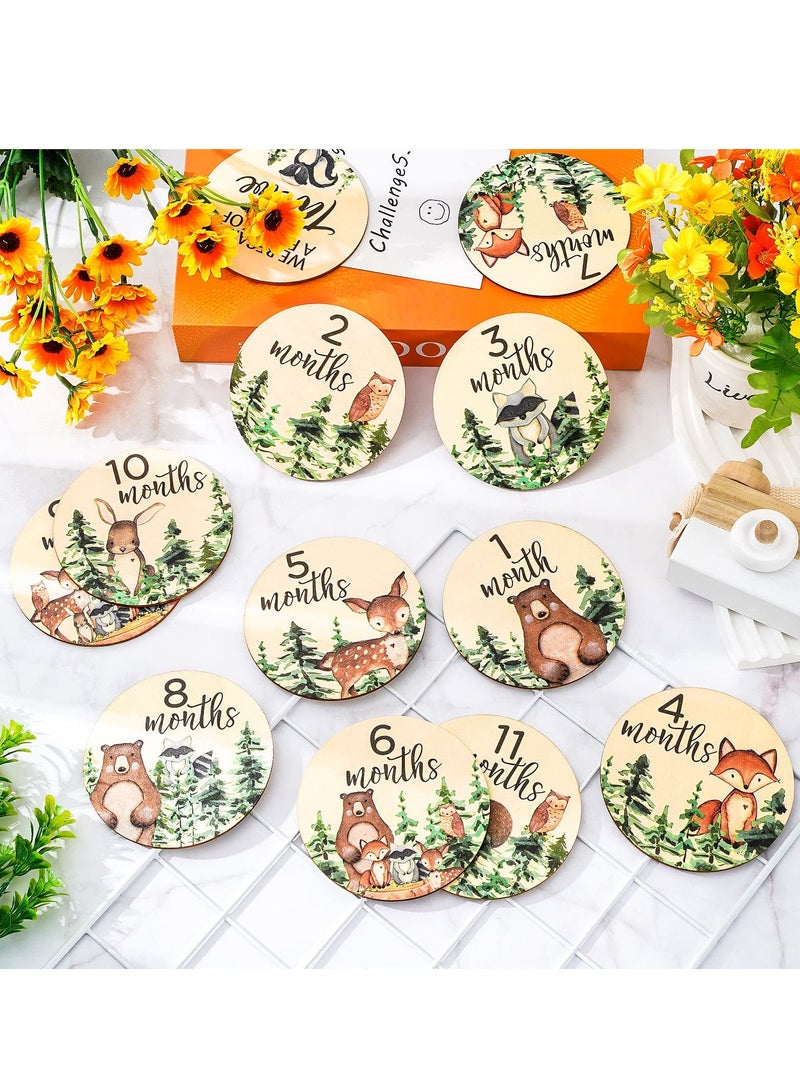 SYOSI Woodland Baby Monthly Milestone 12Pcs Wooden Newborn Welcome Discs Sign Round New Baby Sign Double Sided Cute Animal Printed Baby's First Year Age Announcement for Boys Girls Photo Prop Baby Shower - Image 3