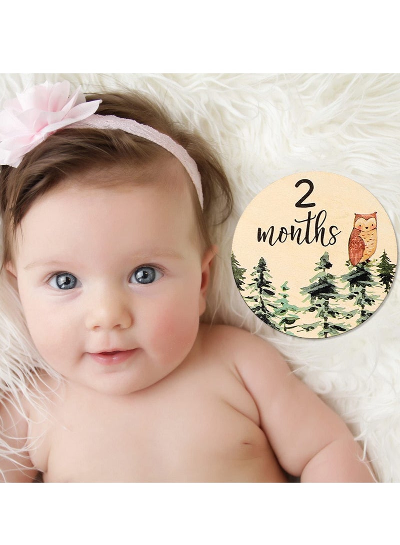 SYOSI Woodland Baby Monthly Milestone 12Pcs Wooden Newborn Welcome Discs Sign Round New Baby Sign Double Sided Cute Animal Printed Baby's First Year Age Announcement for Boys Girls Photo Prop Baby Shower - Image 4