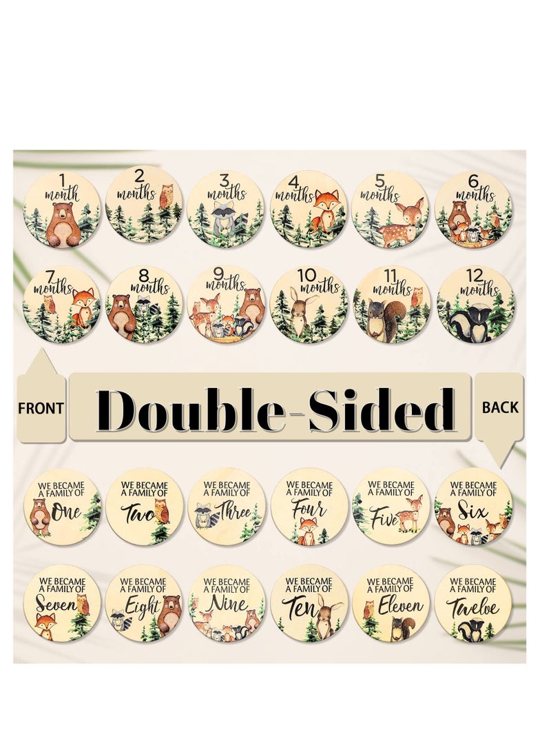 SYOSI Woodland Baby Monthly Milestone 12Pcs Wooden Newborn Welcome Discs Sign Round New Baby Sign Double Sided Cute Animal Printed Baby's First Year Age Announcement for Boys Girls Photo Prop Baby Shower - Image 2