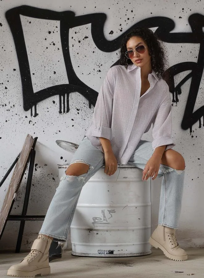 Hubberholme Women'S Purple 100% Cotton Striped Button Down Oversized Shirt