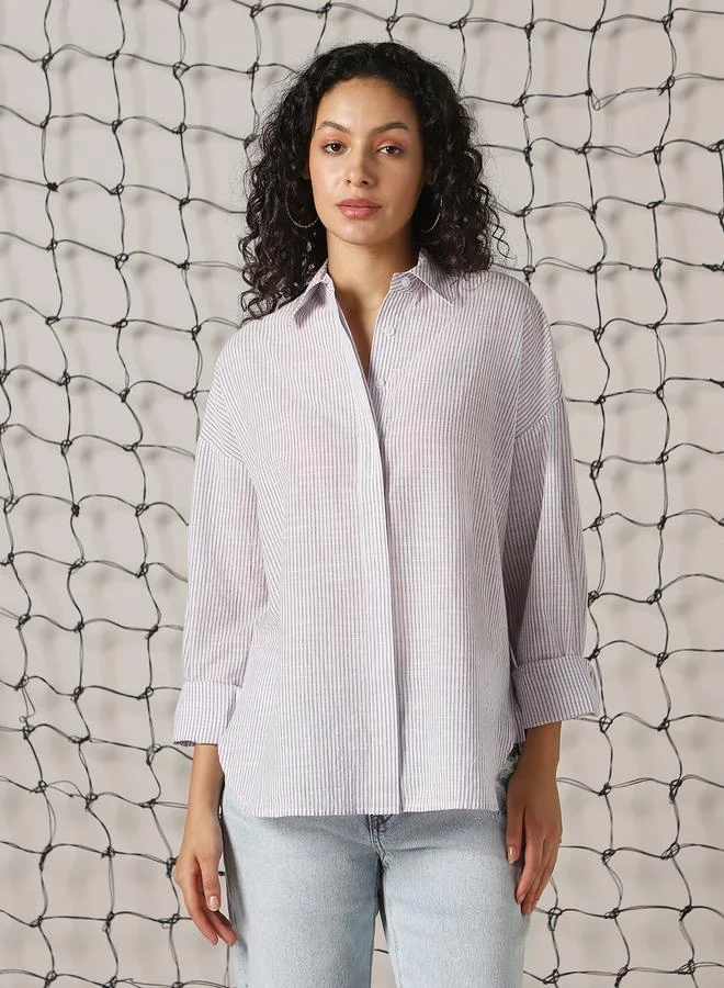 هوبرهولمي قميص نسائي بنفسجي قطن % مخطط بأزرار مقاس كبير