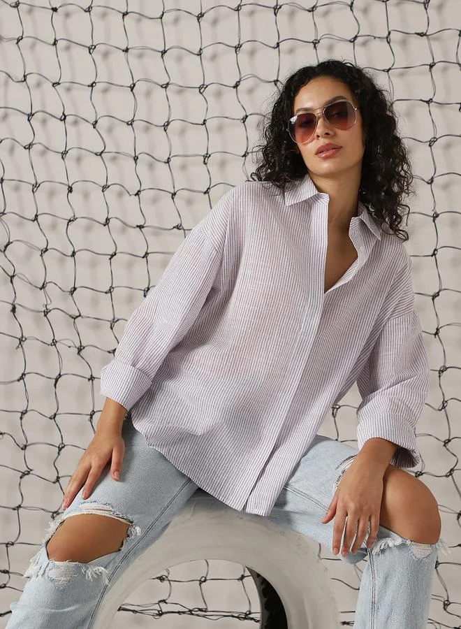 Hubberholme Women'S Purple 100% Cotton Striped Button Down Oversized Shirt