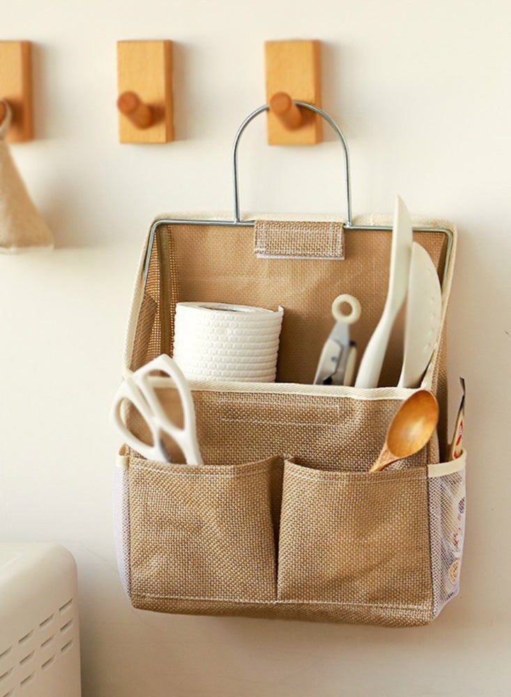 Monda Wall-Mounted Burlap Storage Basket with Pockets - Hanging Organizer for Kitchen Utensils, Bathroom Essentials & Home Supplies - Image 1