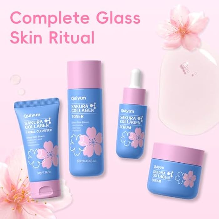 QUIYUM Sakura Collagen Skin Care Set - 6pcs Skincare with Facial Cleanser, Serum, Cream, Toner, Facial Brush, Bunny Hair Band & Makeup Bag, Deep Cleansing, Hydrating, Firming, Even Tone, Radiance - Image 5