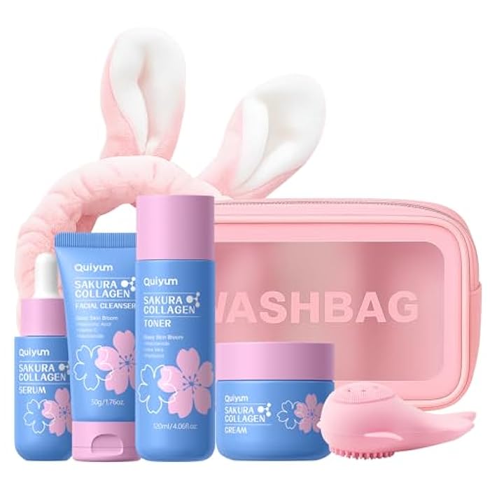 Sakura Collagen Skin Care Set - 6pcs Skincare with Facial Cleanser, Serum, Cream, Toner, Facial Brush, Bunny Hair Band & Makeup Bag, Deep Cleansing, Hydrating, Firming, Even Tone, Radiance