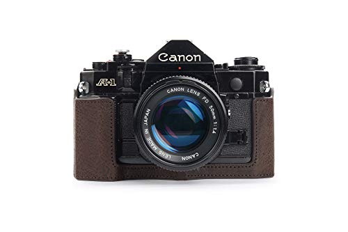 BolinUS A-1 Case, BolinUS Handmade Genuine Real Leather Half Camera Case Bag Cover for Canon New AE-1 AE-1P A-1 (with Handle) Camera with Hand Strap (Coffee) - Image 1