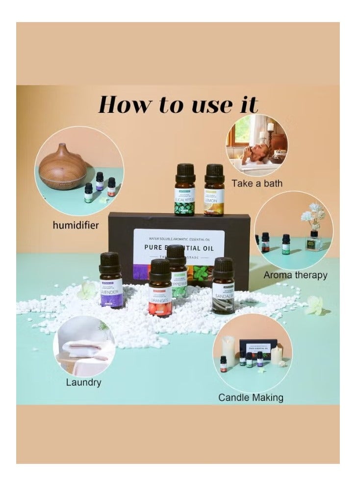 PEETTA 6 قطع × 10 مل مجموعة زيوت عطرية قابلة للذوبان في الماء (خشب الصندل & البرتقال الحلو & اللافندر & الأوكاليبتوس & الليمون & النعناع) لزيوت المرطب وموزع الروائح - Image 3