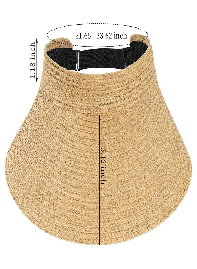 ishua Straw Sun Visors Womens, Ponytail Beach Straw Visor, Packable Summer Sun Hats for Women Travel Khaki - Image 2