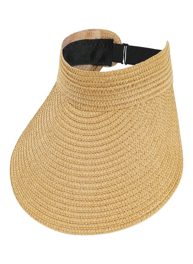 ishua Straw Sun Visors Womens, Ponytail Beach Straw Visor, Packable Summer Sun Hats for Women Travel Khaki - Image 1