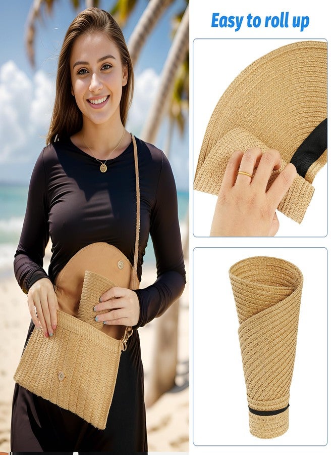 ishua Straw Sun Visors Womens, Ponytail Beach Straw Visor, Packable Summer Sun Hats for Women Travel Khaki - Image 4
