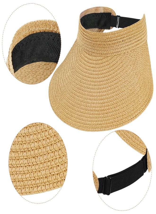ishua Straw Sun Visors Womens, Ponytail Beach Straw Visor, Packable Summer Sun Hats for Women Travel Khaki - Image 3