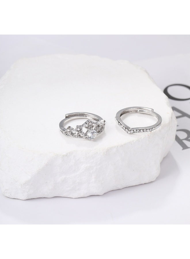 Ucanbe Diamond-Encrusted Crown Princess Engagement Ring & Adjustable Wedding Band Ring Set (2-Piece) - Image 5