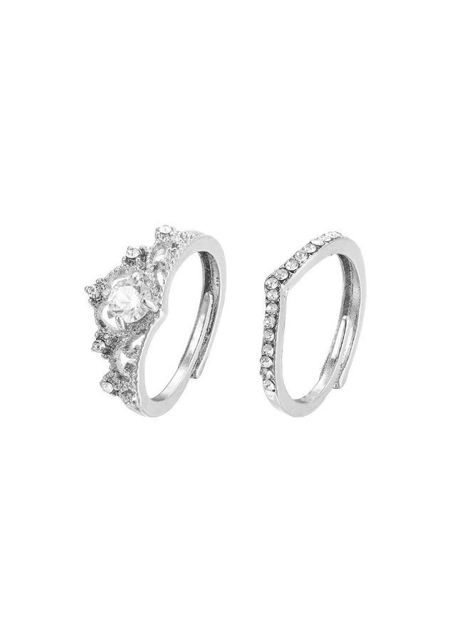 Ucanbe Diamond-Encrusted Crown Princess Engagement Ring & Adjustable Wedding Band Ring Set (2-Piece) - Image 2