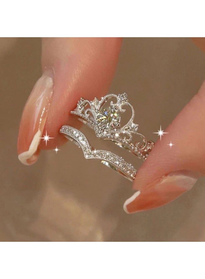Ucanbe Diamond-Encrusted Crown Princess Engagement Ring & Adjustable Wedding Band Ring Set (2-Piece) - Image 1