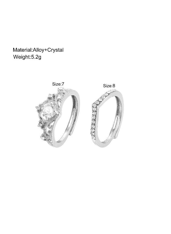 Ucanbe Diamond-Encrusted Crown Princess Engagement Ring & Adjustable Wedding Band Ring Set (2-Piece) - Image 3
