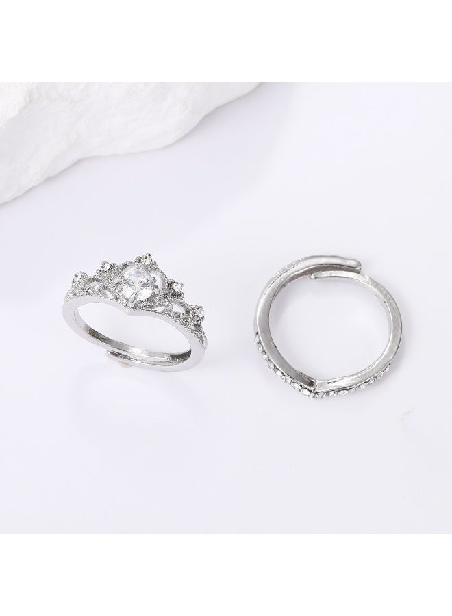 Ucanbe Diamond-Encrusted Crown Princess Engagement Ring & Adjustable Wedding Band Ring Set (2-Piece) - Image 4