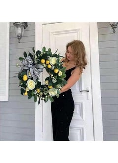 ماركة غير محددة اكليل باب امامي، اكليل صناعي صيفي 17 انش، ديكور منزلي داخلي وخارجي للباب الامامي والحديقة وحفلات الزفاف وديكور المنزل (الفاوانيا والليمون)  - Image 4