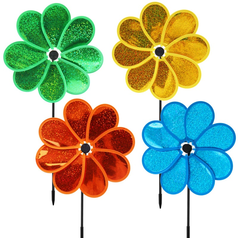 timecity 4PCS Flower Wind Spinner Sparkly Lawn Pinwheel 118 inch Colorful Green Yellow Orange Light Blue Garden Windmill for Garden Party Outdoor Yard Decor - Image 2